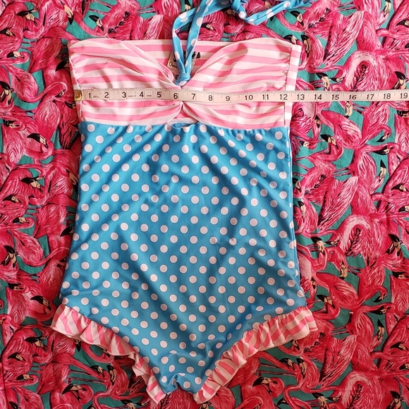 Rare Queen of Heartz pink stripe blue polka dot retro pinup swimsuit size S - Picture 3 of 12